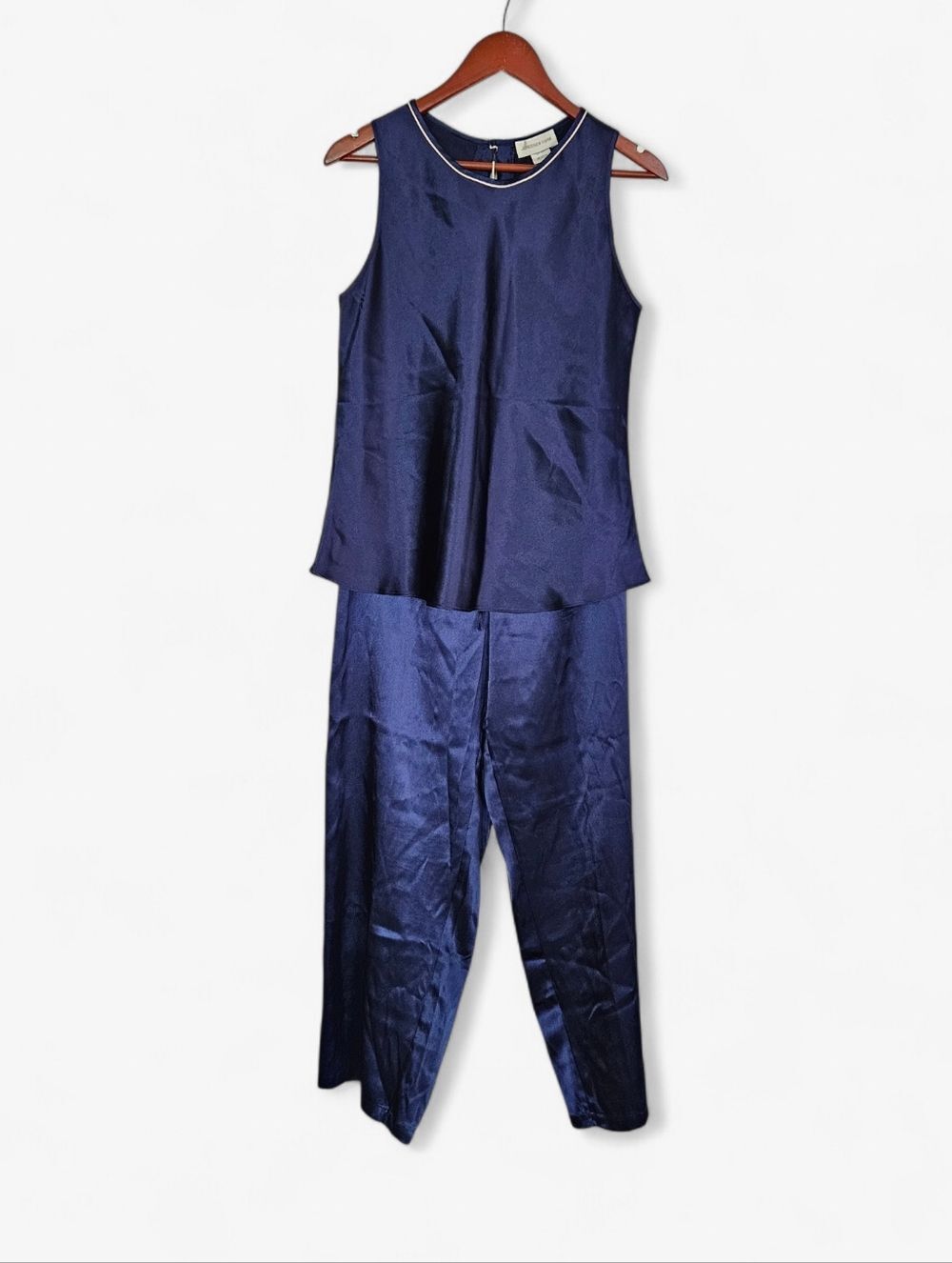 Jones New York Navy Blue Contrast Piping Silky Satin Matching Sleep Pajama Set M